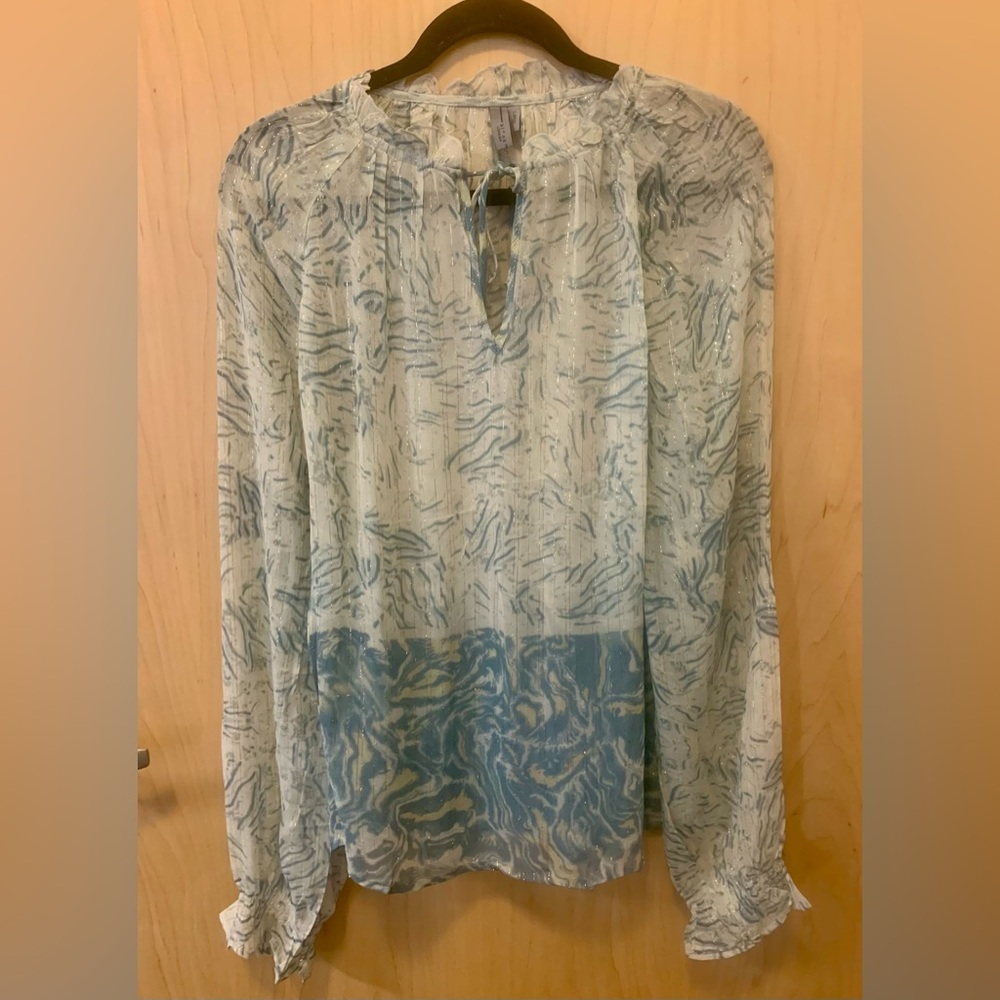 Anthropologie Light Blue & White Sheer Printed Blouse